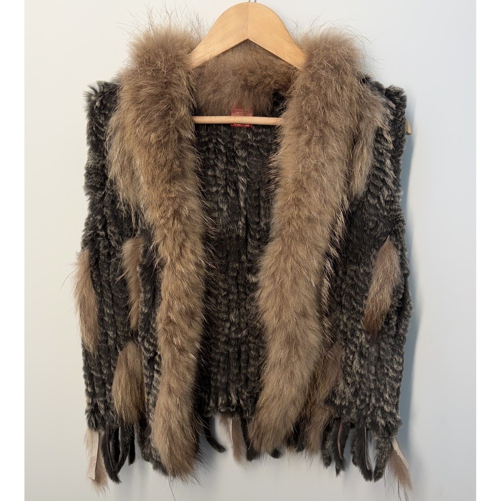 Saks Fifth Avenue Dyed Rabbit Coyote Fur Brown Collared Vest Womens Size Large